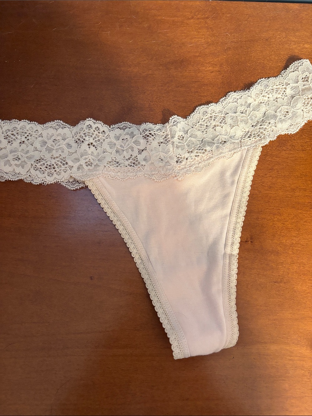 Lace-Trim Cotton Blend Thong - Cream